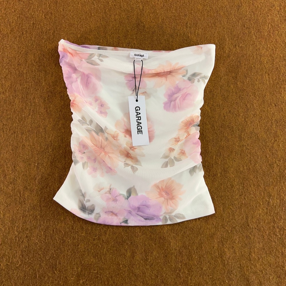 Garage Women XXS White Floral Ruched Mesh Strapless Tube Top NWT